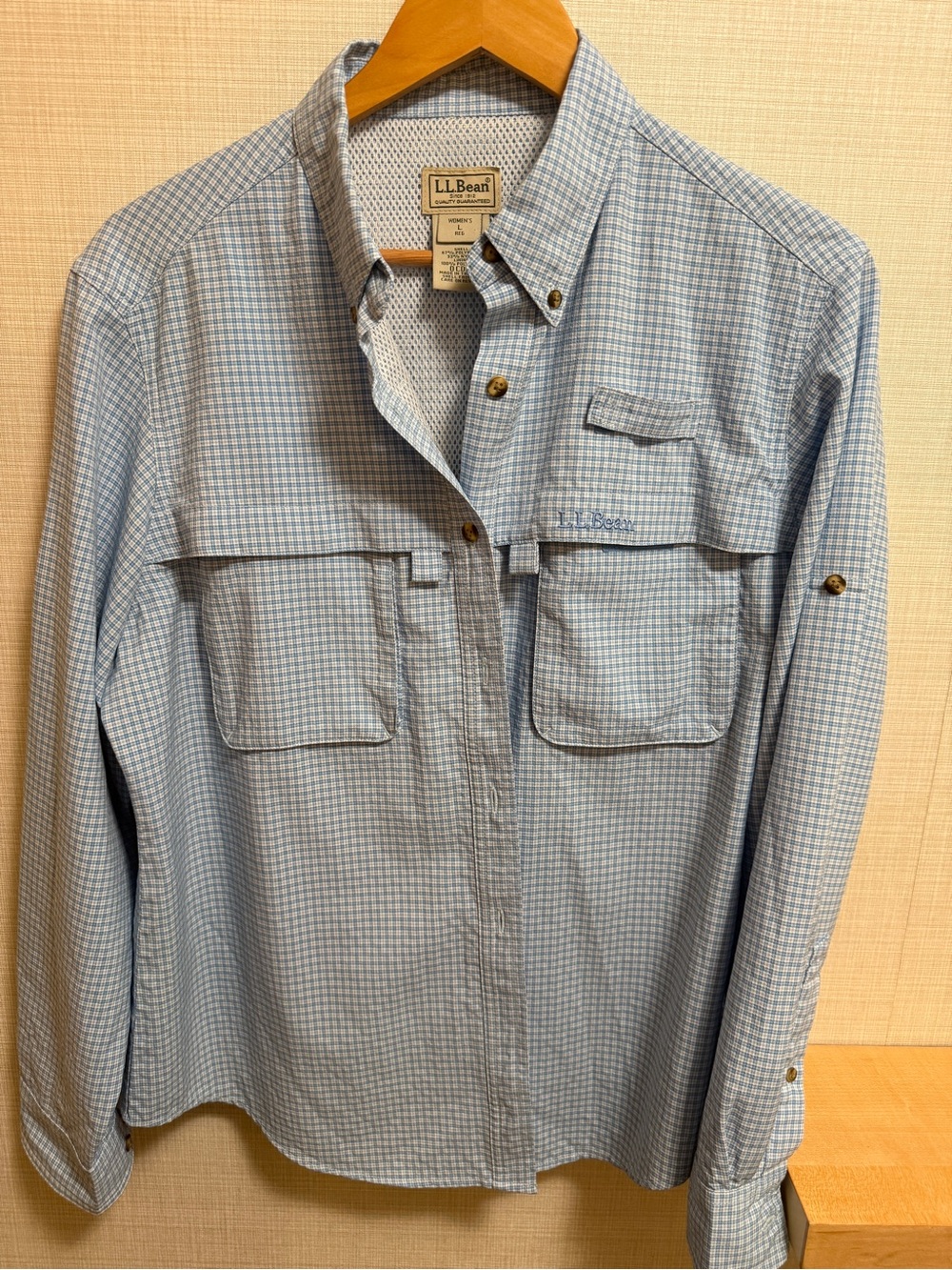 L.L.Bean Fishing Shirt Women’s Large Blue Plaid UPF Ventilated Camping Hiking